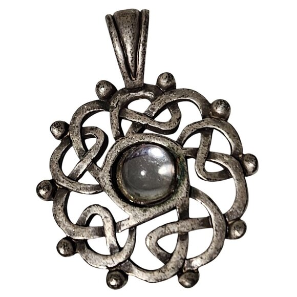 Vintage Ornate Silver Tone Celtic Knot Pendant Clear Gemstone Center Jewelry DIY - Picture 1 of 4
